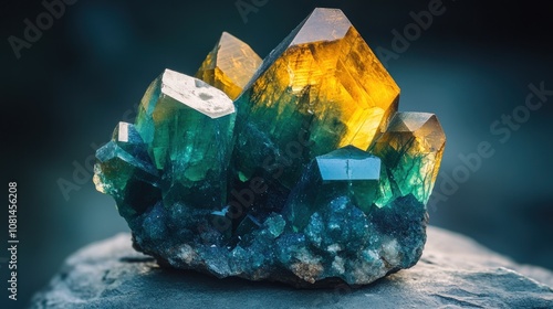 A cluster of green and yellow crystals on a grey rock.