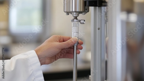 A hand adjusting a scientific instrument in a laboratory setting.