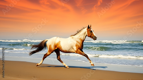 Horse running along coast sunset background, beautiful horse grace of horsepower on seashore beach, powerfully broodmare horse running along sea beach,