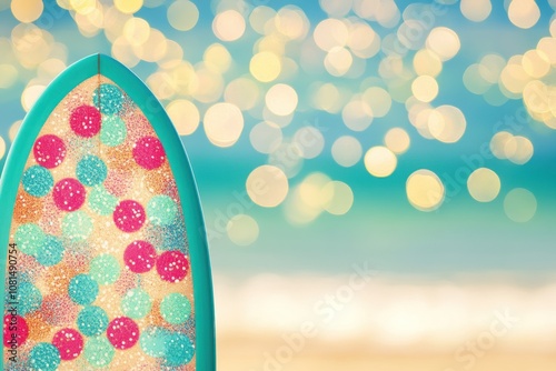 Close-up of a colorful surfboard on a beach with bokeh lights in the background.