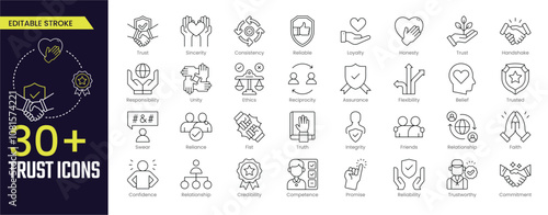 Trust Stroke icon collections. Containing Sincerity, Loyalty, Honesty, Trust, Handshake, Trusted, Ethics, Reliance, Truth, and Promise icons. Editable Stroke icon collection Outline icon