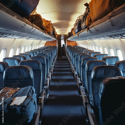 Airplane cabin during boarding with luggage stowed overhead