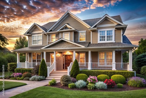 Large suburban house, two-story craftsman style, beige siding, white trim, covered porch, manicured lawn, colorful flower beds, dramatic sunset sky, warm evening lighting, photorealistic, high-end rea