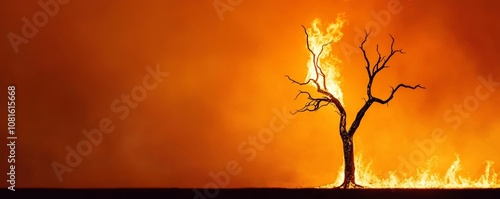 The burned tree remains. A striking image of a tree consumed by flames, representing wildfire devastation.