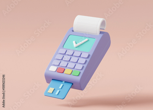 3D rendered illustration of a light purple card reader icon with a check mark. It indicates that the transaction was successful. Credit card inserted for financial transactions