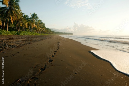 Footprints on serene beach tropical coast photography early morning tranquil nature's calm