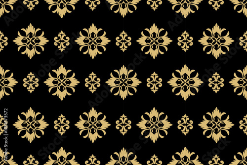 Abstract Ikat luxury golden floral damask shape seamless pattern on black wallpaper and vector background. Tribal and culture concept