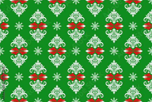 Abstract Ikat red and white floral damask with white snowflake and starburst shape seamless pattern on green wallpaper and vector background. Christmas and new year concept 