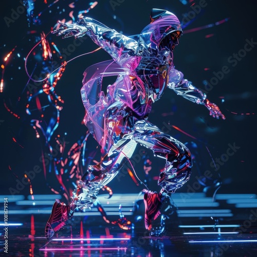 Capture the dynamic fusion of futuristic technologies and dance forms from a mesmerizing low-angle view, highlighting intricate movements and sleek, metallic elements