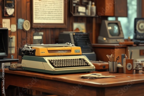 A vintage typewriter sits on a wooden desk in a retro office.