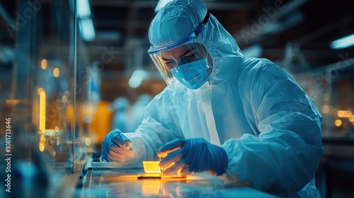 A scientist in protective gear works intently with a sample in a laboratory, illuminated by warm light.