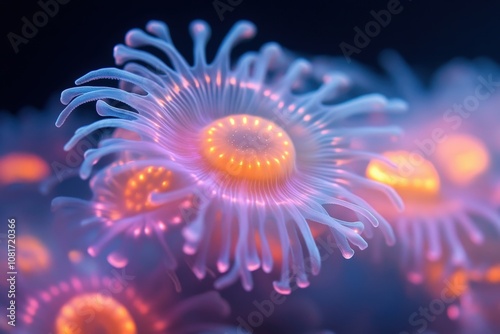 Close-up view of vibrant, glowing coral polyps in a marine environment.