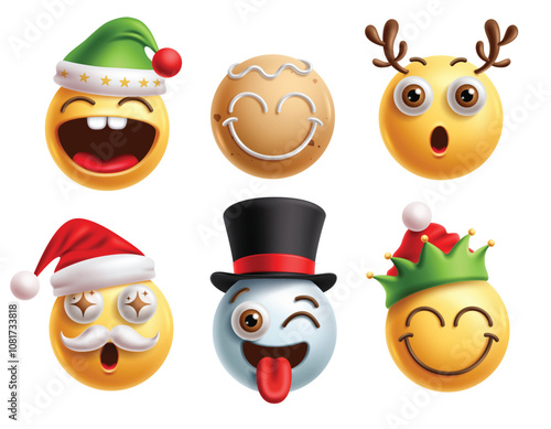 Christmas emoji characters vector set. Emoji christmas clip art character in goofy, happy, smiling, amaze, winking, naughty and funny facial expression for holiday season icon collection. Vector 