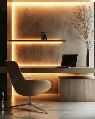 Modern Minimalist Workspace with Floating Shelf and Warm LED Backlighting, Industrial Home Office Design with Sleek Chair and Natural Decor, Cozy and Stylish Setup for Productivity