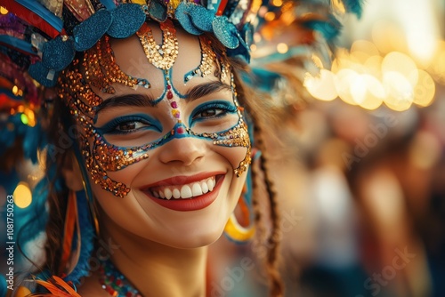 Mujer sonriente con máscara de carnaval colorida en la celebración del festival de carnaval