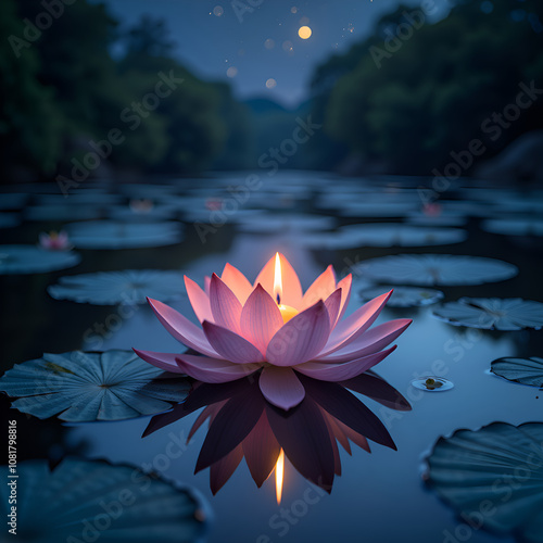 Serene night a floating lotus blossom illuminated by candlelight on still waters under a starry sky, photography of nature concept.