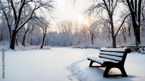 Winter PA tranquil winter scene featuring an empty park bench covered in a soft layer of snow. The sun softly peeks through the frosty trees, casting a warm glow over the sark Bench in Serene Snowfall