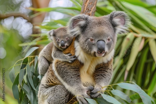 A mother koala carries her joey on her back, nestled in her fur.