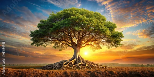 Close-Up Illusory painting of a tree with roots and branches intertwined at ground level during golden hour showcasing growth and connectivity