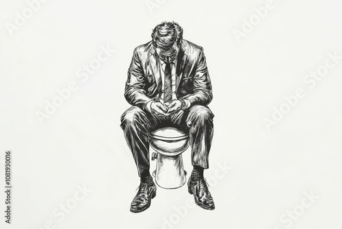 Man in suit sitting on toilet.