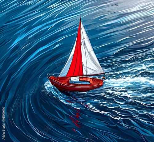 An illustration with a red small red ship sailing in the middle of the sea