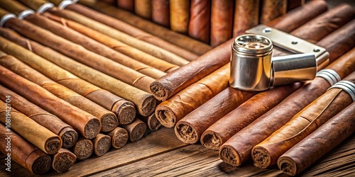 Close-up of various cigars and cigarillos with a lighter in the background