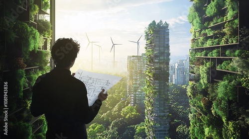 Person Overlooking Urban Landscape with Green Architecture and Renewable Energy