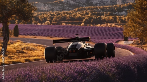 Midnight black open-wheel racing car navigating Le Castellet chicane, with Provence lavender fields and visible mistral wind effects in a vibrant French countryside atmosphere.