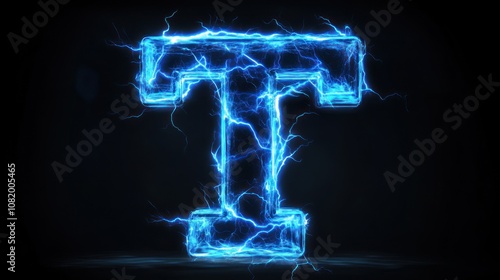 Electric blue neon lowercase letter t with crackling lightning bolts, black background 