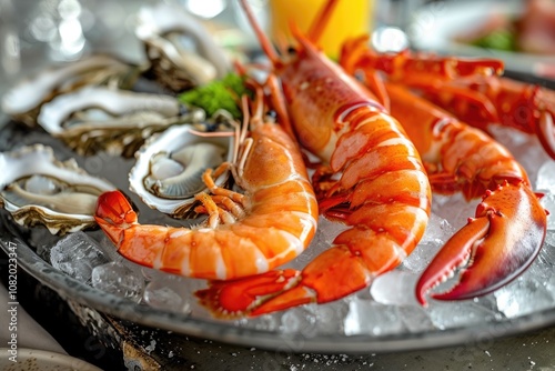 Fresh seafood platter with shrimp and oysters served on ice