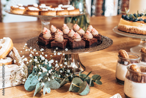 A rich dessert display featuring indulgent chocolate square cakes topped with creamy frosting, delicate mini cheesecakes, and charming tiramisu cups. Adorned with baby's breath flowers and eucalyptus 