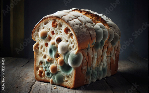 Moldy old bread on a wooden table. Spoiled food