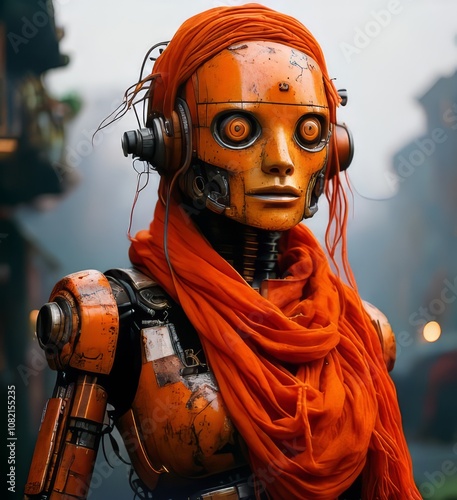 orange ROBOT in the hood, steampunk cyborg with clothes, artificial intelligence android in a city