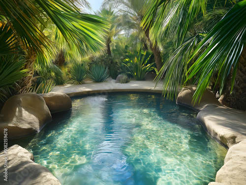 tranquil outdoor pool with palm trees and lush plants