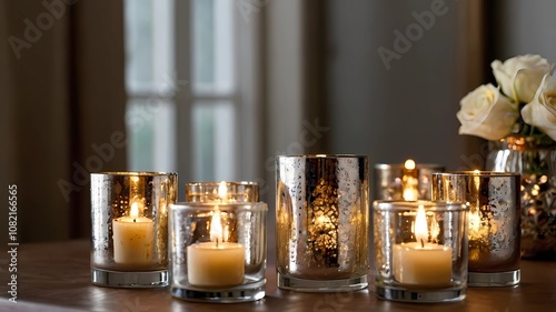 Elegant mercury glass votives with soft LED candles inside.