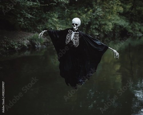 Skeletal Figure Floating Above Eerie Black River with Glowing Eyes in Shadowy Forest