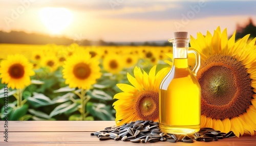 Bottle of sunflower oil with sunflower seeds on wooden table with sunflower field on the background. Copy space for text.