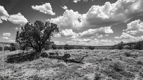 A lone tree stands in a grassy field under a cloudy sky.