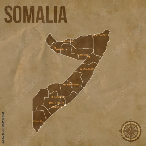 Vintage SOMALIA Map with Regions Borders and Major Cities Positions