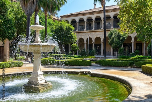 Barcelona, Spain. National Palace museum of Barcelona at Spanish Square with fountain at summer day. with generative ai