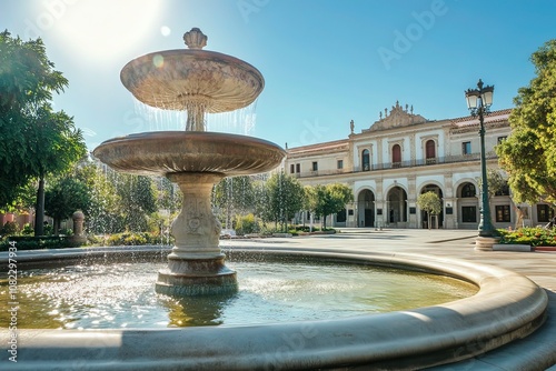 Barcelona, Spain. National Palace museum of Barcelona at Spanish Square with fountain at summer day. with generative ai