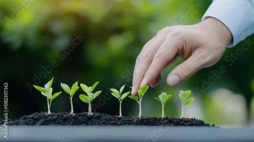 A hand gently touches the young seedlings sprouting from the fertile soil, highlighting the care and nurturing required for healthy plant growth in a vibrant garden