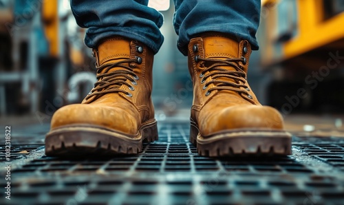 Work boots on metal grate, rugged footwear, industrial setting, close-up, focus on details, sturdy design, safety features, outdoor environment