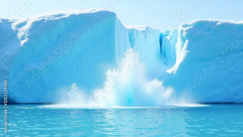 氷河の青白い巨大な壁と透き通った水面に映る壮大な自然、氷の崩落が引き起こす水しぶきがダイナミックで迫力ある瞬間を捉えた極地の神秘的な風景