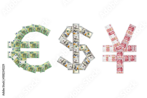 Euros, dollars and yuan sign made from banknotes