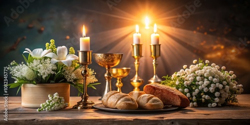 Holy Communion Table Setting at Church for the Feast of Corpus Christi with Bread and Wine, Symbolizing Faith and Community in a Serene Atmosphere