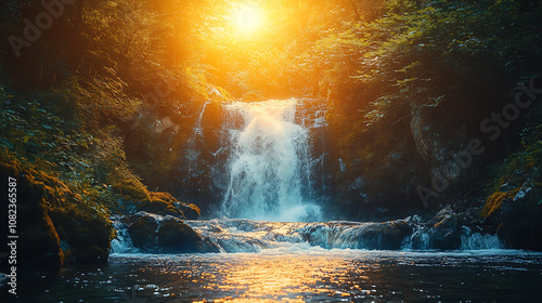 A waterfall during golden hour, showcasing how different lighting conditions affect waterfall photography and the use of warm colors 