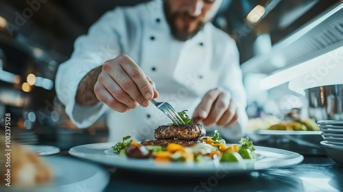 A chef meticulously refines a dish with expert technique, using precision tools in a well-lit kitchen, emphasizing culinary expertise and attention to detail.