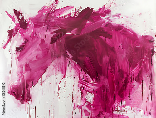 abstract expressionist painting in deep pink and white depicts a bold horse head with raw, gestural brushstrokes conveying texture and movement