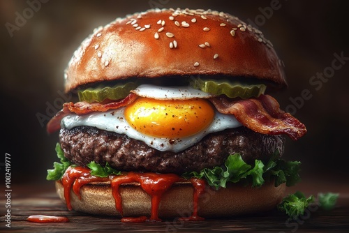 A juicy burger topped with a fried egg, bacon, and pickles sits on a wooden table, ready to be devoured